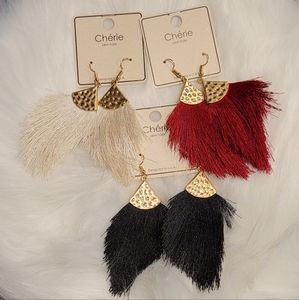 NWT 3-Pair Fringe Earrings- Red, Black, and Cream